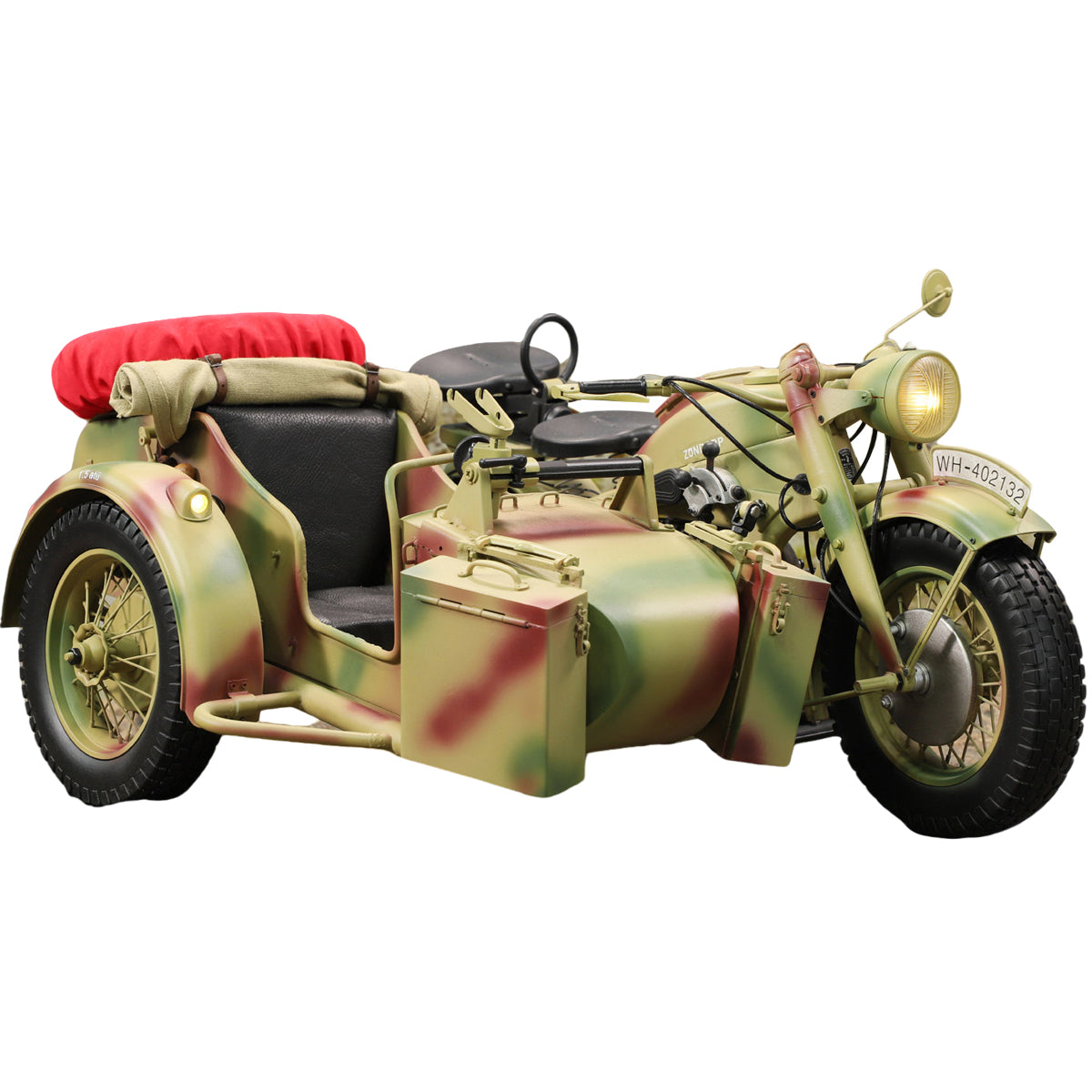 Motocicleta Zundapp KS750 alemana de la Segunda Guerra Mundial con sidecar, camuflaje para figuras de acción.