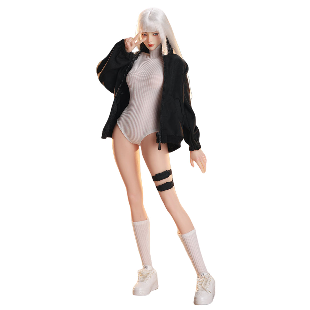 JIAOUDOLL, Female Knee Pads + Bodysuit + Mid-Calf Socks & Female Sportswear Single Jacket & Female Sports Jumpsuit Set Jacket with Jumpsuit, Doll Clothes Accessory for 12-inches Figure