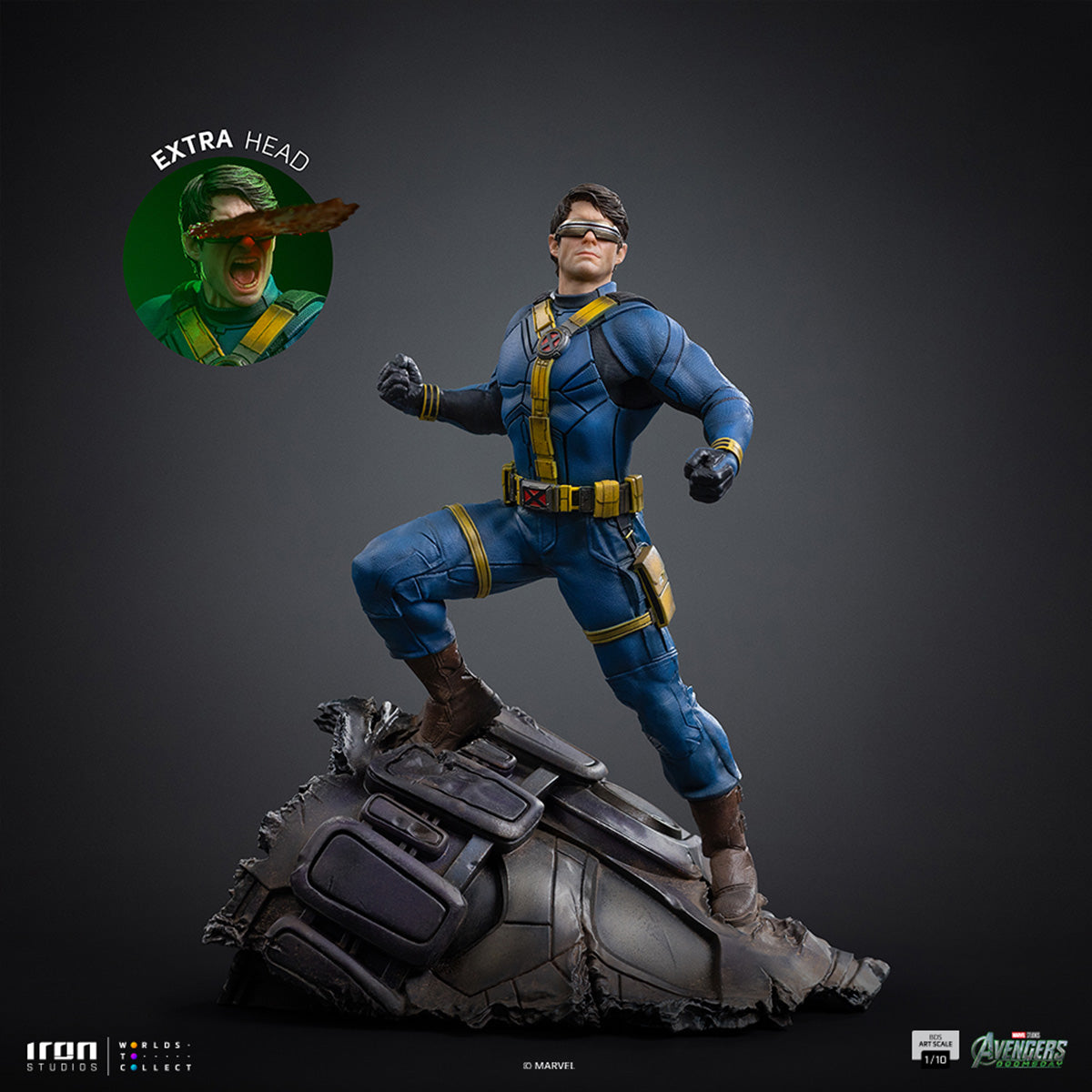 Iron Studios Cyclops 1/10 statue — Alternate head option shown beside the statue